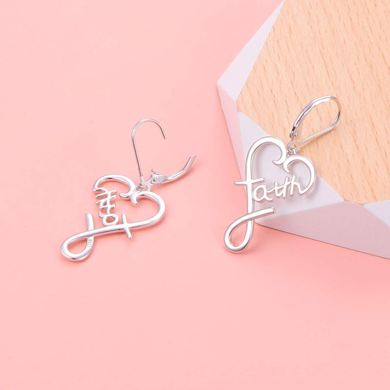 DAOCHONG S925 Sterling Silver Word Calligraphy Jewelry Faith Inspirational Message Charm Love Heart Dangle Drop Hoop Earring for Women - Image 2